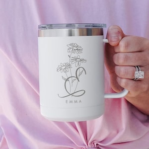 Personalized Initial Flower Insulated Coffee Tumbler with Handle for Sister, Best Friend, Bridesmaid, Personalized Coffee Mug, Travel Mug