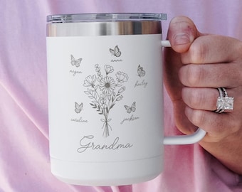Personalized Mom with Kids Names Insulated Coffee Tumbler with Handle, Butterflies, Custom Mug for Grandma, Grandkids Names, Mother's Day