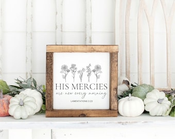 His Mercies Are New Every Morning Square Wooden Framed Sign, Farmhouse Decor, Living Room Decor, Farmhouse Scripture Sign, Wooden Scripture