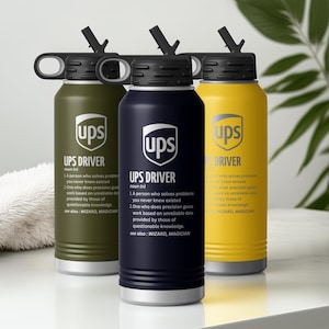 May include: Three insulated water bottles in olive green, navy blue, and yellow. Each bottle features the UPS logo and the text "UPS DRIVER" with a definition. The bottles have black lids and silver bottoms.