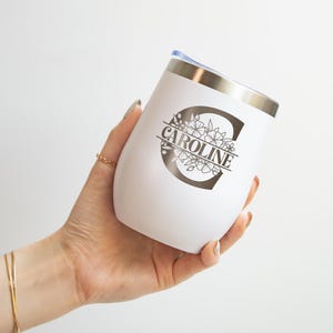 Personalized Wine Tumbler Custom Gift, Floral Initial Monogram Tumbler for Bridesmaids, Girls Trip Gifts, Birthday, Wine Lover Gifts
