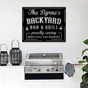 Custom Name Backyard Bar and Grill Metal Sign, Tiki Bar, Bar and Grill, Outdoor Kitchen Personalized Sign, Patio Decor, Backyard BBQ, Metal
