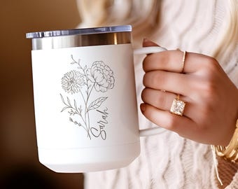 Vaso de café térmico personalizado con flor de nacimiento y asa para hermana, mejor amiga, dama de honor, taza de café personalizada, taza de viaje