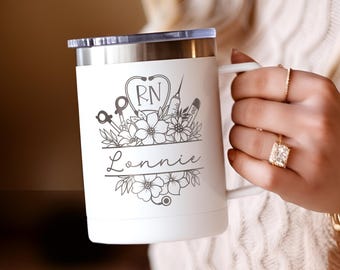 Personalized Nurse Travel Coffee Mug, Nurse Gift, Nursing Student, RN LPN, Nurse Graduate, Doctor Gift, Nurse Appreciation Gift, Floral