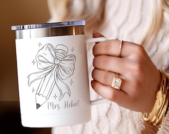 Personalized Teacher Travel Mug: Stainless Steel Coffee Tumbler with Bow Pencil