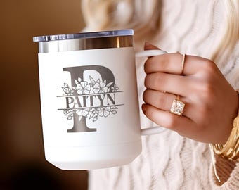 Floral Monogram Insulated Coffee Tumbler with Handle, Custom Name Coffee Mug Gift, Unique Gift, Personalized Coffee Mug, Gift for Her