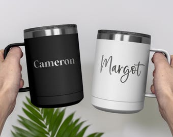 Personalized Insulated Coffee Tumbler with Handle: Laser Engraved 15oz Stainless Steel