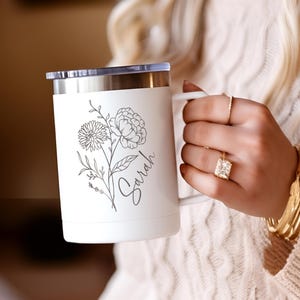 Personalized Birth Flower Insulated Coffee Tumbler with Handle for Sister, Best Friend, Bridesmaid, Personalized Coffee Mug, Travel Mug