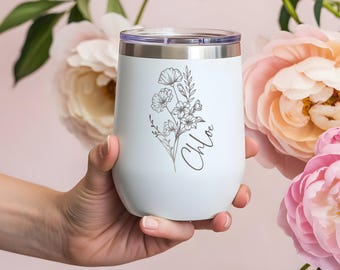 Vaso de vino personalizado con la flor de nacimiento: regalo floral grabado a medida