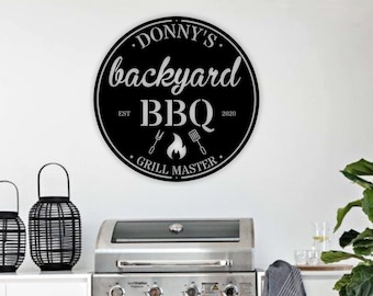 Personalized Backyard BBQ Metal Sign, Custom Outdoor Kitchen Sign,BBQ Metal Sign,Metal Wall Decor, BBQ Decor, Grill Gifts for Dad