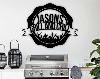 Personalized BBQ Sign, Custom Name Barbecue Patio Sign, Grilling Gifts Signs Personalized, Outdoor Kitchen Metal Sign,Grill Gifts for Dad