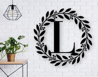 Personalized Classic Initial Metal Sign, Metal Circle Letter Monogram with Vines, Wall Monogram Sign, Couples Gift, Letter Decor, Wedding