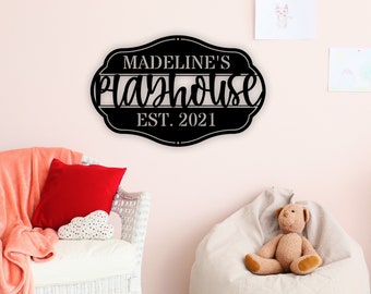 Letrero personalizado de la casa de juegos, letrero de metal con nombre personalizado, letrero de la casa del árbol, letrero de la casa club, letreros al aire libre, letrero EST, decoración para niños, decoración de la sala de juegos