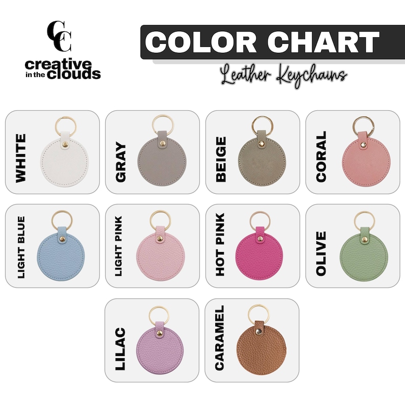 Pu&ograve; includere: Tabella colori di portachiavi in pelle in vari colori, tra cui bianco, grigio, beige, corallo, azzurro, rosa chiaro, rosa acceso, oliva, lilla e caramello. Ogni portachiavi &egrave; rotondo con un anello dorato.