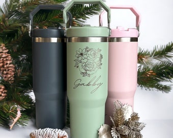 Gobelet personnalisé de 30 oz avec poignée rabattable et paille, tasse TikTok gravée sur mesure, cadeau pour elle, tasse de voyage de 30 oz, pas de paille rabattable de marque Stanley