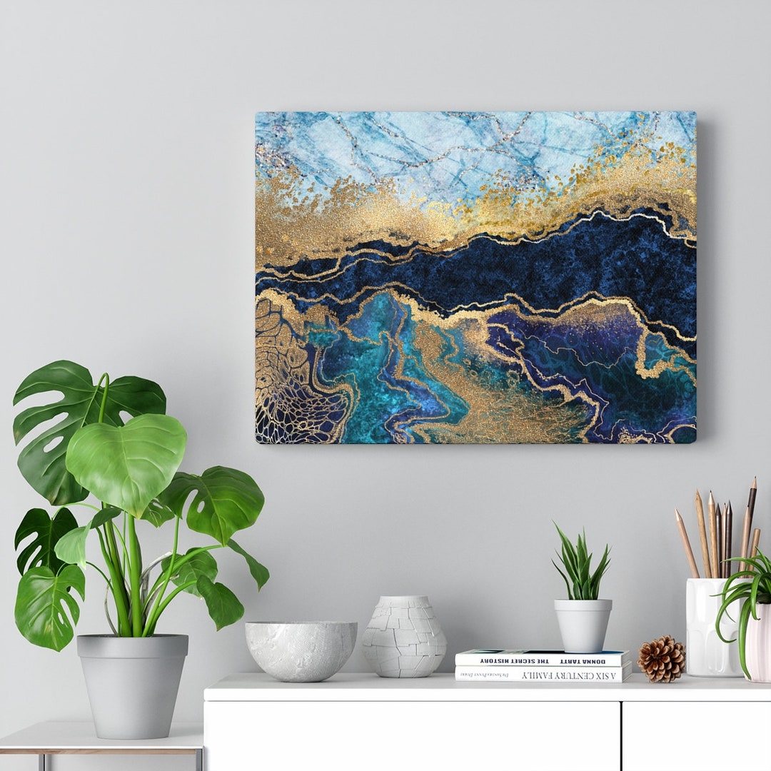 Canvas Wall Art Blue and Gold Watercolor Abstract Canvas Prints, Modern ...