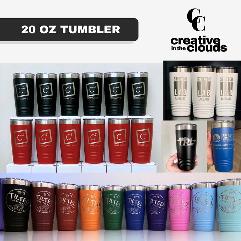 May include: A collection of 20 oz tumblers in various colours including black, red, white, blue, orange, green, purple, and pink. Each stainless steel tumbler features a laser-engraved logo or text, such as C2 Consultants, Stretch Lab, and Tilted Tavern.