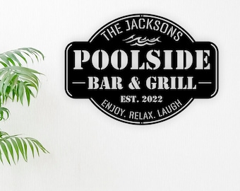 Custom Name Poolside Bar and Grill Metal Sign,Pool and Bar, Tiki Bar, Bar and Grill, Pool Oasis Personalized Sign for Pool Bar Patio Decor