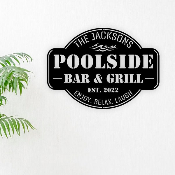 Custom Name Poolside Bar and Grill Metal Sign,Pool and Bar, Tiki Bar, Bar and Grill, Pool Oasis Personalized Sign for Pool Bar Patio Decor