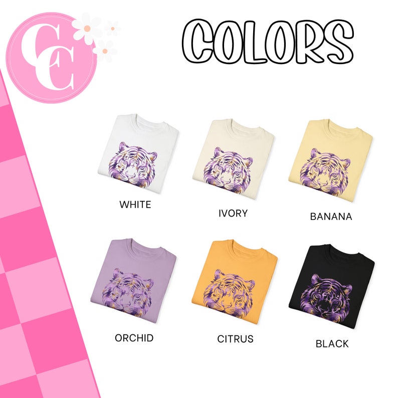 May include: Six folded t-shirts with a purple tiger graphic design. The t-shirts are in the colours white, ivory, banana, orchid, citrus, and black. The text "COLORS" is at the top of the image.