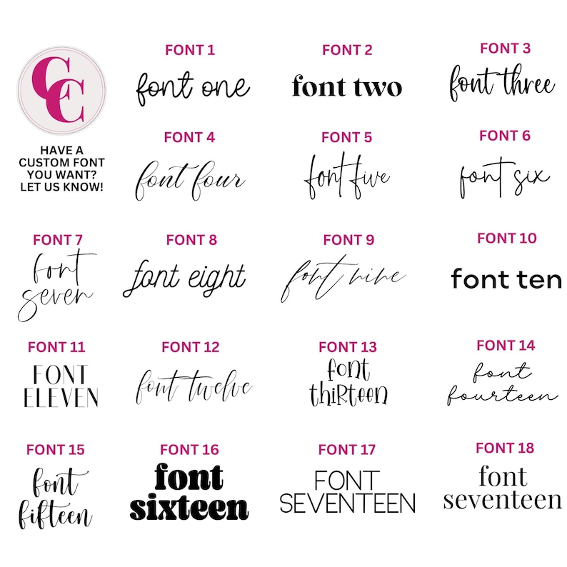 May include: A chart of 18 different fonts, each with the word "font" followed by the number of the font. The chart is labeled with the font number and the word "font" above each font.