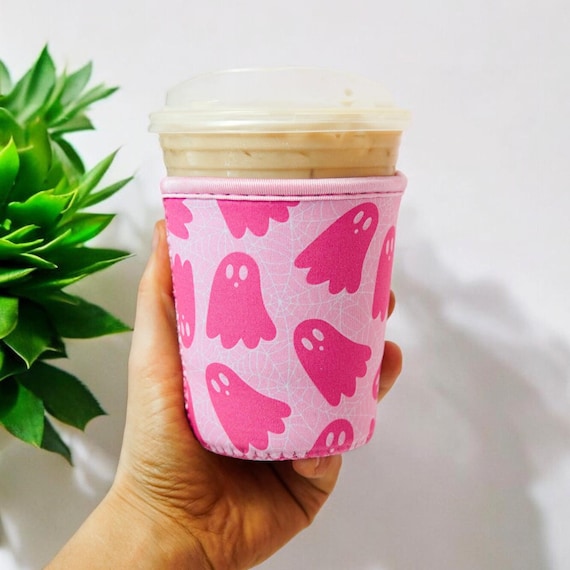 Pink Ghost Insulated Drink Sleeve, Iced Coffee Coozie, Hot Coffee Sleeve, Starbucks, Dunkin, Mcdonalds, Coffee Sleeve, Pink Halloween Decor