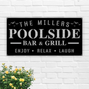 Personalized Poolside Bar & Grill Metal Sign - Custom Pool Oasis Decor