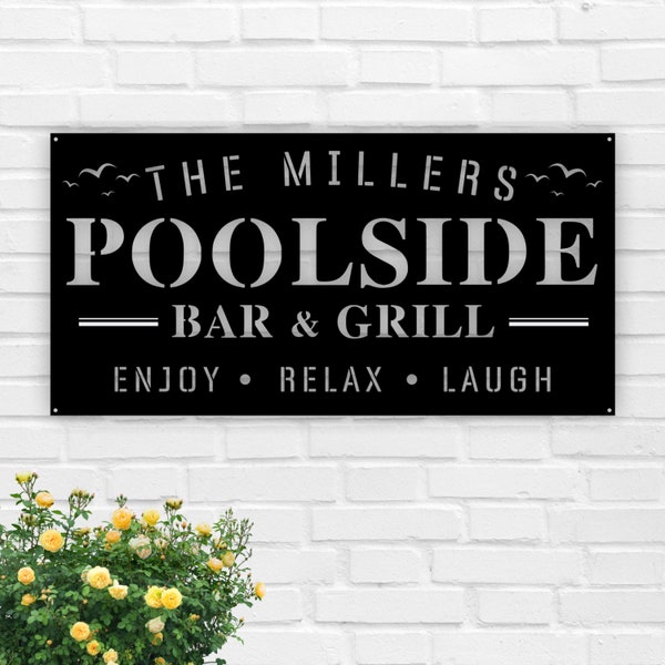 Custom Name Poolside Bar and Grill Metal Sign,Pool and Bar, Tiki Bar, Bar and Grill, Pool Oasis Personalized Sign for Pool Bar Patio Decor