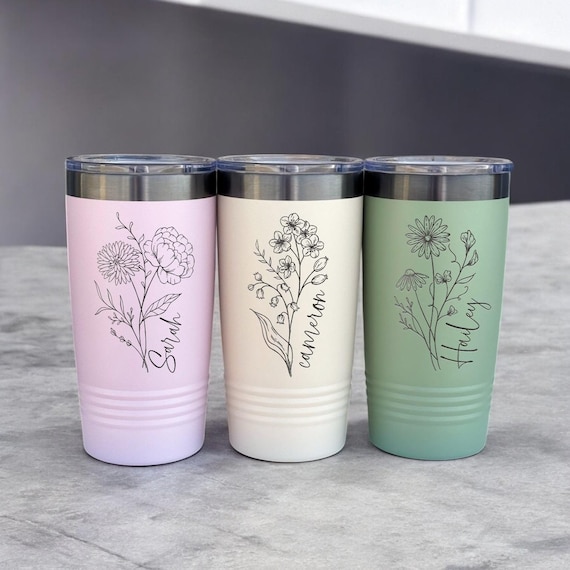 Laser Engraved 20 OZ Tumbler with Name & Birth Flower, Custom Travel Mug for Her, Personalized Insulated Tumbler Christmas Gift, Slider Lid