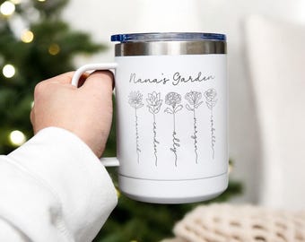 Personalized Grandma's Garden Travel Mug: Birth Month Flowers, Kid's Names