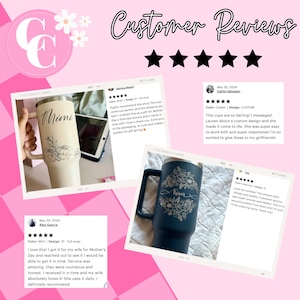 May include: Three customer reviews for personalized stainless steel tumblers with floral designs and names "Mimi", "Kim", and "Lauren". The tumblers are in white, blue, and cream colors. Each review includes a five-star rating and a comment about the product and service.