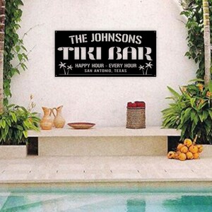 Cartel de metal personalizado de Tiki Bar, Piscina y bar, Tiki Bar, Bar y parrilla, Oasis en la piscina, Letrero de Tiki Bar junto a la piscina, Decoración del patio, Patio de apellidos imagen 4