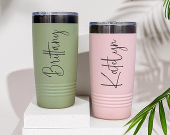 Personalized 20oz Engraved Tumbler, Custom Name Travel Mug, Stainless Steel Cups, Insulated Bridesmaid Tumbler, Tumbler with Lid, Engraved