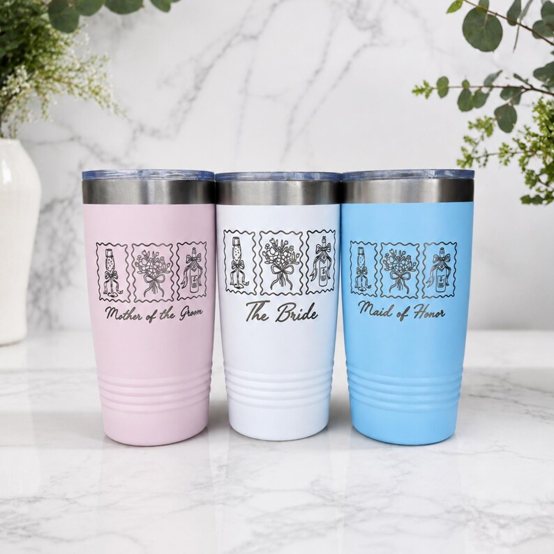 May include: Three stainless steel tumblers in light pink, white, and light blue, each featuring a silver rim and a black line-art graphic of a champagne bottle, bouquet, and gift. The text reads Mother of the Groom, The Bride, and Maid of Honor.