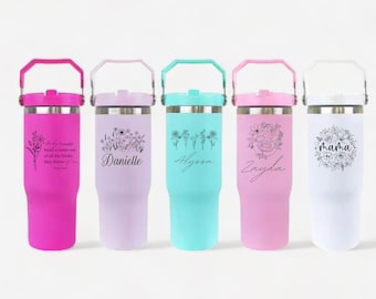 Personalized 30oz Tumbler with Flip Handle & Straw, Custom Engraved TikTok Cup, Gift For Her, 30 oz Travel Mug, Not Stanley Brand Flip Straw