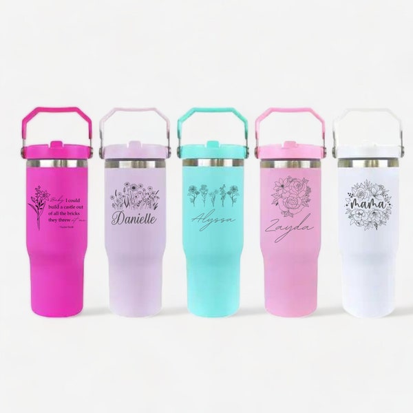 Personalized 30oz Tumbler with Flip Handle & Straw, Custom Engraved TikTok Cup, Gift For Her, 30 oz Travel Mug, Not Stanley Brand Flip Straw