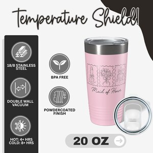May include: A light pink 20 oz stainless steel tumbler with a powder-coated finish, featuring a Maid of Honor graphic with line art of a champagne flute, flowers, and a bottle. Text includes Temperature Shield, 18/8 Stainless Steel, BPA Free, and Double Wall Vacuum.