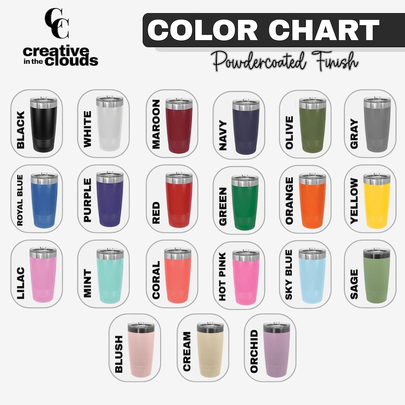 May include: A colour chart for powder-coated finish tumblers featuring twenty-one cylindrical cups in various colours including black, white, maroon, navy, olive, grey, royal blue, purple, red, green, orange, yellow, lilac, mint, coral, hot pink, sky blue, sage, blush, cream, and orchid.