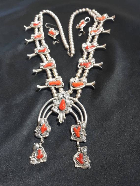 Coral Navajo squash blossom necklace