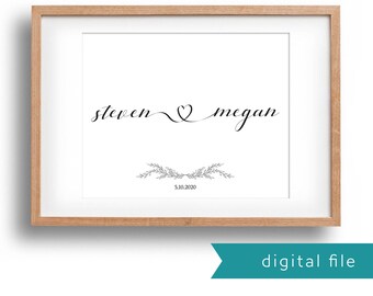 Personalised Engagement Gift | Couple Name Printable | Wedding Gift | Engagement Present | Floral Wreath | Digital File | 11x14in