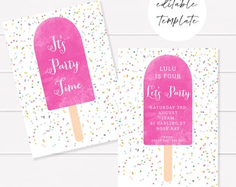 Printable Birthday Invitation, Pink Watercolour Popsicle Party Invitation, Kids Party, Birthday, Instant Download Editable Templett