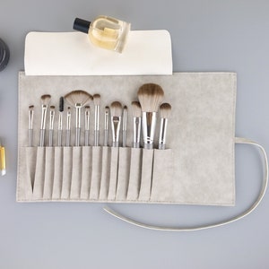 Personalized Initials Custom Name Makeup Pouch 14 Slots Brushes Bag Roll, Gray Leather Make up Holder, Cosmetic Brushes Set Travel Case
