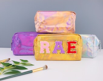 Personalized Holographic Makeup Bag, Toiletry Bag, Bridesmaid Proposal, Personalized Makeup Pouch, Chenille Letter Cosmetic Bag