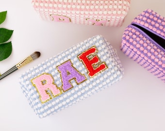 Personalized Initials Sherpa Cosmetic Bag Custom Pouch Chenille Letter Patch Makeup Bag Customized Travel Bag Bridesmaids Gifts