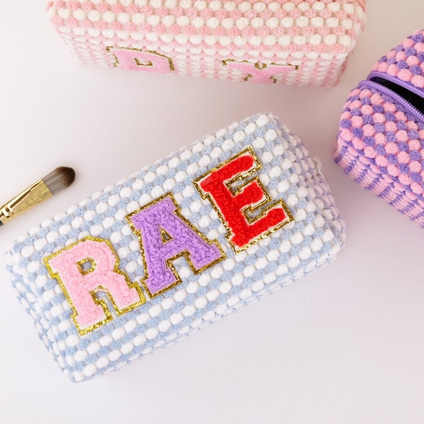 Personalized Initials Sherpa Cosmetic Bag Custom Pouch Chenille Letter Patch Makeup Bag Customized Travel Bag Bridesmaids Gifts