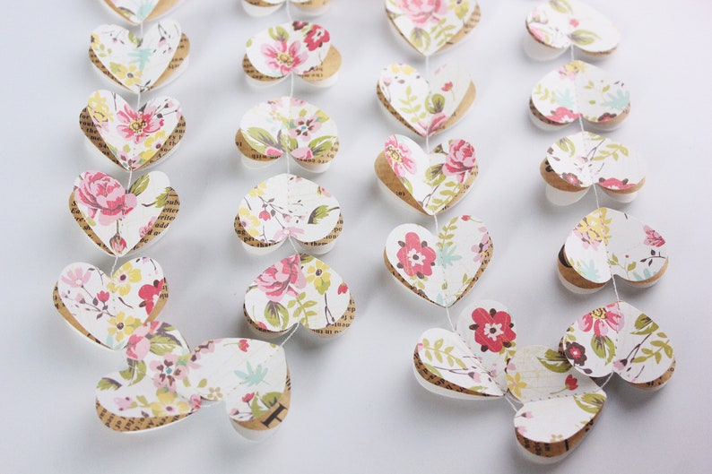 3D Heart Garland Flower Banner Rose Paper Hearts Garland Shabby Chic Floral Mobile for Wedding Party Gift Bridal Shower Rustic Decoration