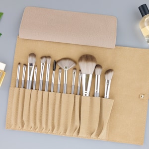 Personalized Initials Custom Name Makeup Pouch 14 Slots Brushes Bag Wrap Roll up, Leather Make up Holder Brushes Set Travel Case