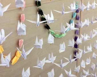 200 grullas (10 cuerdas, 20 grullas cada una) - Grullas de papel de origami hechas a mano, telón de fondo para boda, guirnaldas de pájaros blancos, decoraciones móviles