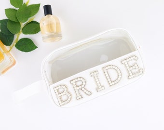 Personalized Initial Varsity Letter Makeup Bag, Custom Bride Pearl White Patch Cosmetic Bag Travel Toiletry Pouch Bridesmaid Gifts