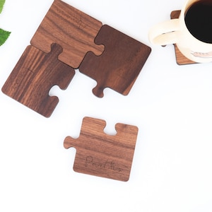 Walnut Wood Puzzle Coffee Coasters, Custom Name Laser Engraved Gift, Jigsaw Puzzle Piece Coasters, Personalized Your Name Coasters